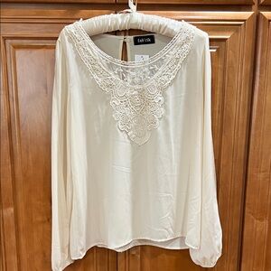 fab'rik Cream Crochet Yoke Long Sleeve Blouse